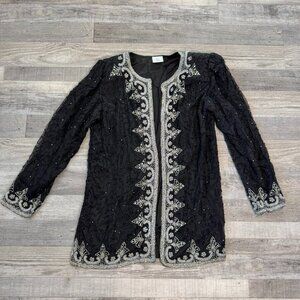 Black 100% silk beaded formal jacket silver beading lined size small K11